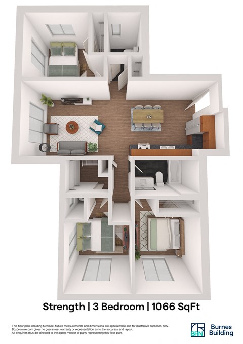 Floor plan for 3 beds, 1.5 baths, 1066 sqft